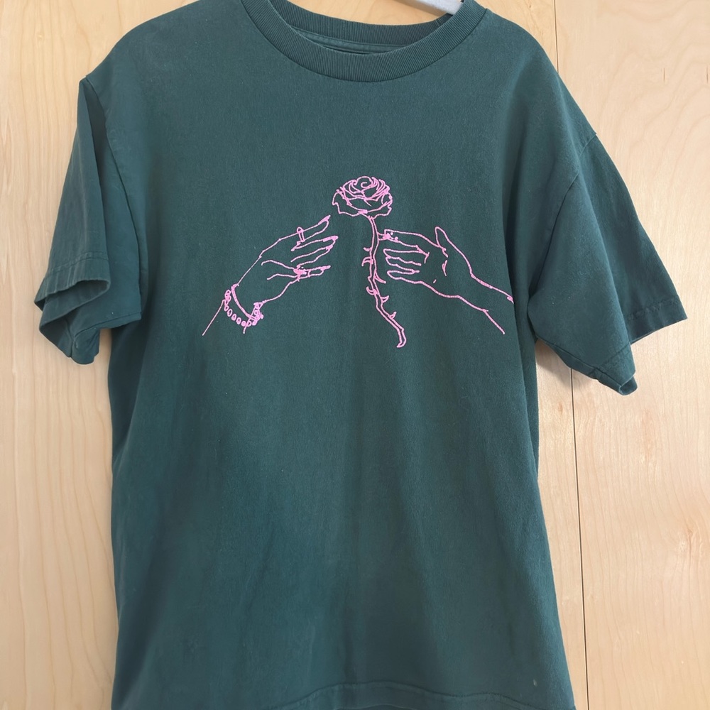 Green Short Sleeve Tee with Pink Design